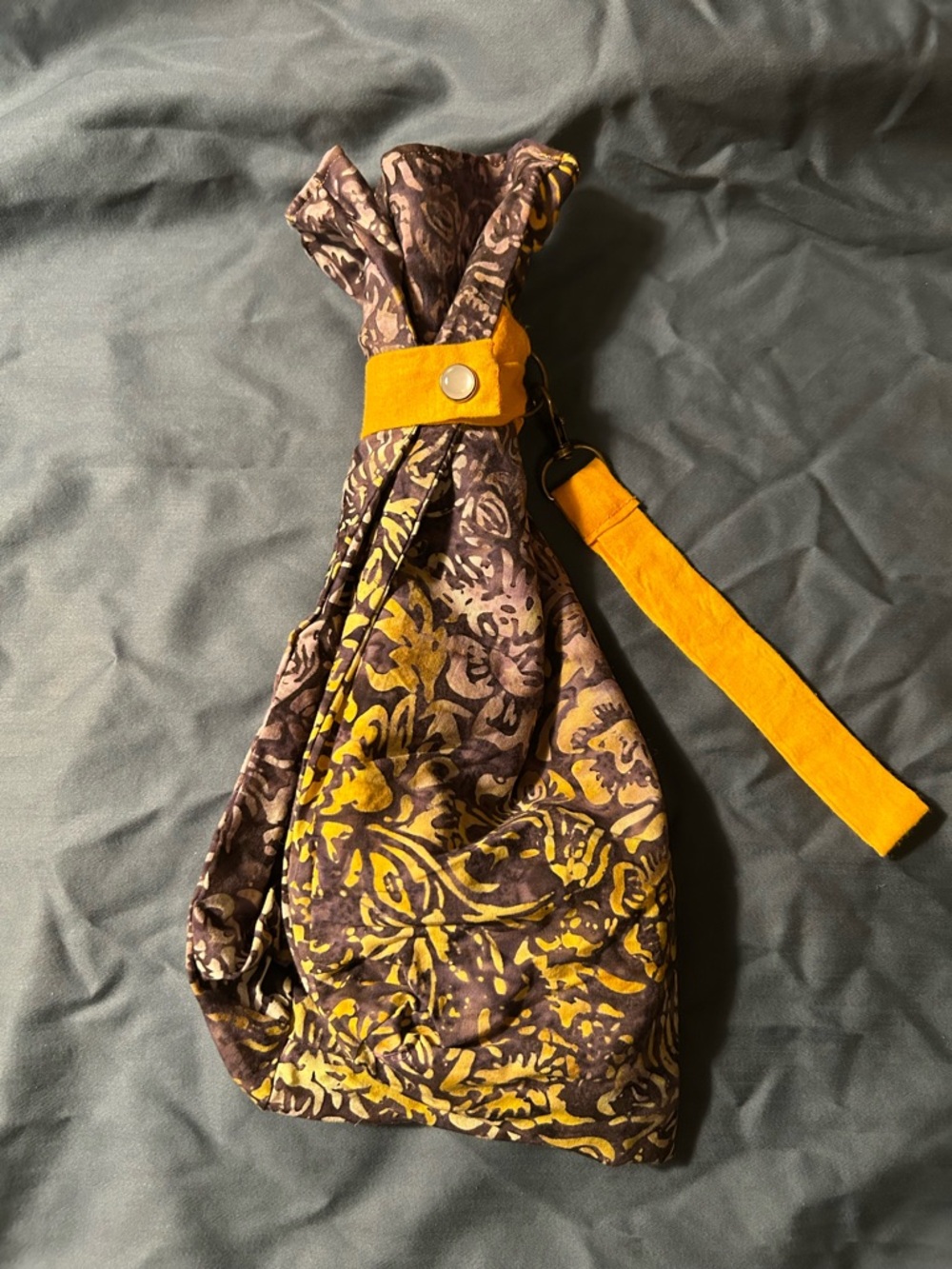 Handcrafted Floral Pattern Wristlet/Project Bag in Dark Purple and Mustard